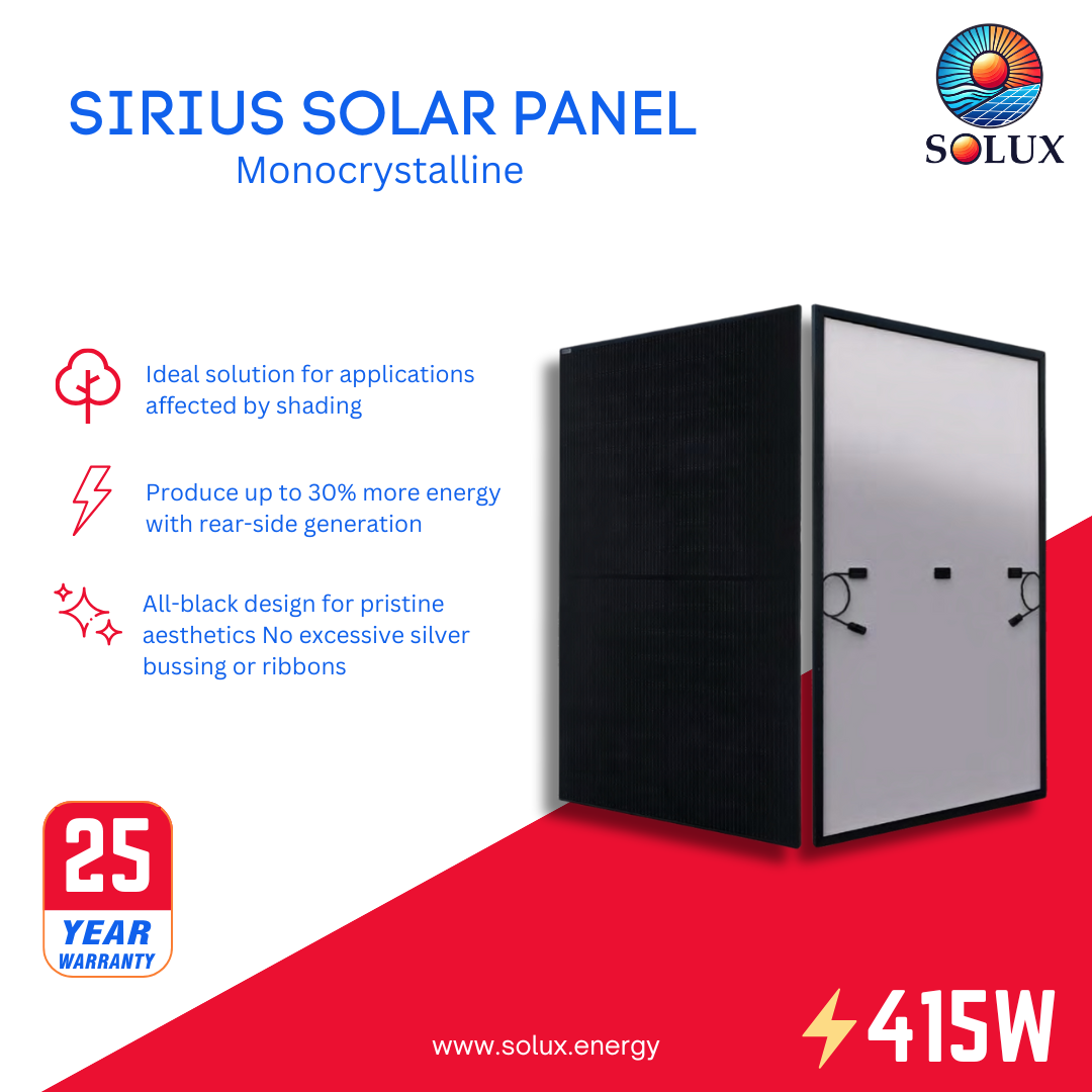 This is an image of Sirius Topcon Solar 415Watt All Black Monocrystalline Solar